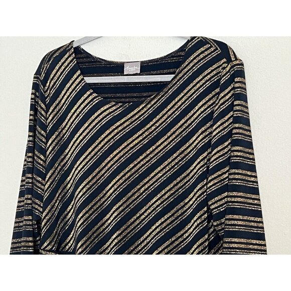 Chicos Travelers Blouse Womens 3 Navy Gold Metallic Striped Long Sleeve - Picture 2 of 13
